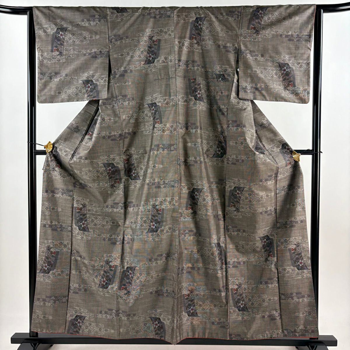 【美品】 紬織 身長157cm 袖長64cm M 雙層 花唐草紋 ヱ霞 灰茶 純蠶絲 秀品級