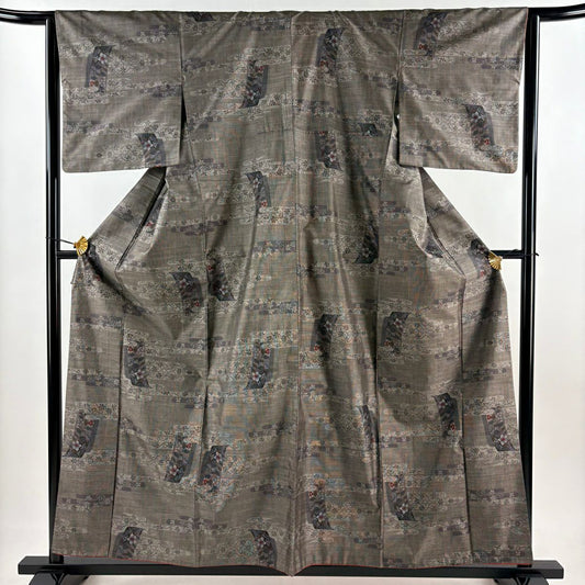 【美品】 紬織 身長157cm 袖長64cm M 雙層 花唐草紋 ヱ霞 灰茶 純蠶絲 秀品級