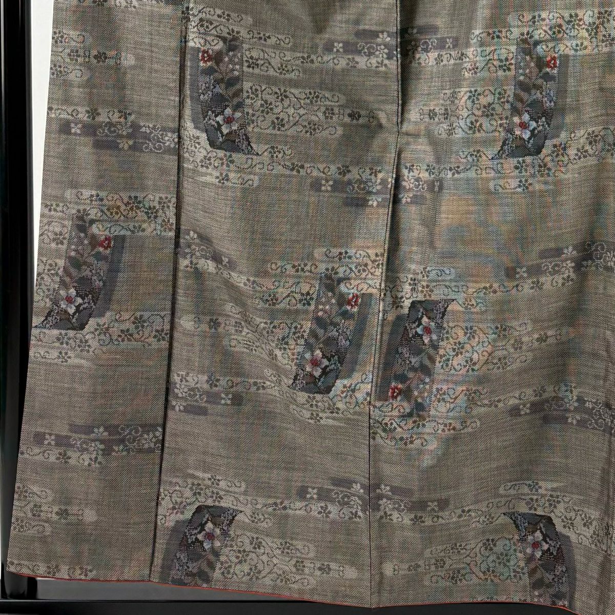 【美品】 紬織 身長157cm 袖長64cm M 雙層 花唐草紋 ヱ霞 灰茶 純蠶絲 秀品級