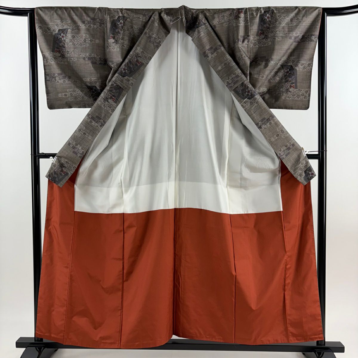 【美品】 紬織 身長157cm 袖長64cm M 雙層 花唐草紋 ヱ霞 灰茶 純蠶絲 秀品級