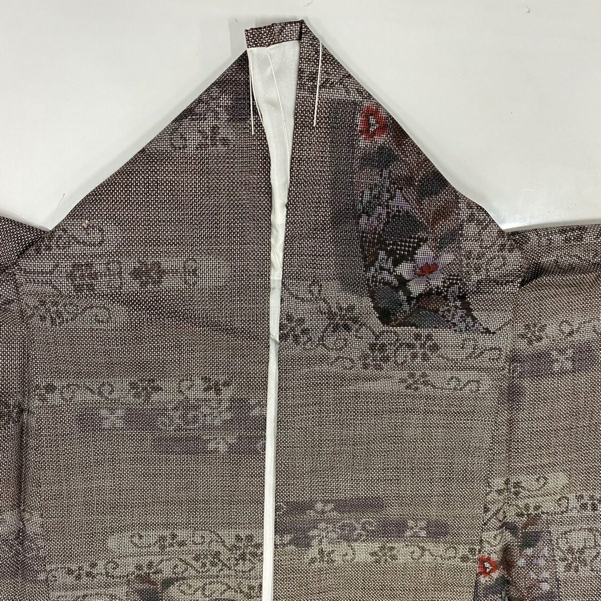 【美品】 紬織 身長157cm 袖長64cm M 雙層 花唐草紋 ヱ霞 灰茶 純蠶絲 秀品級