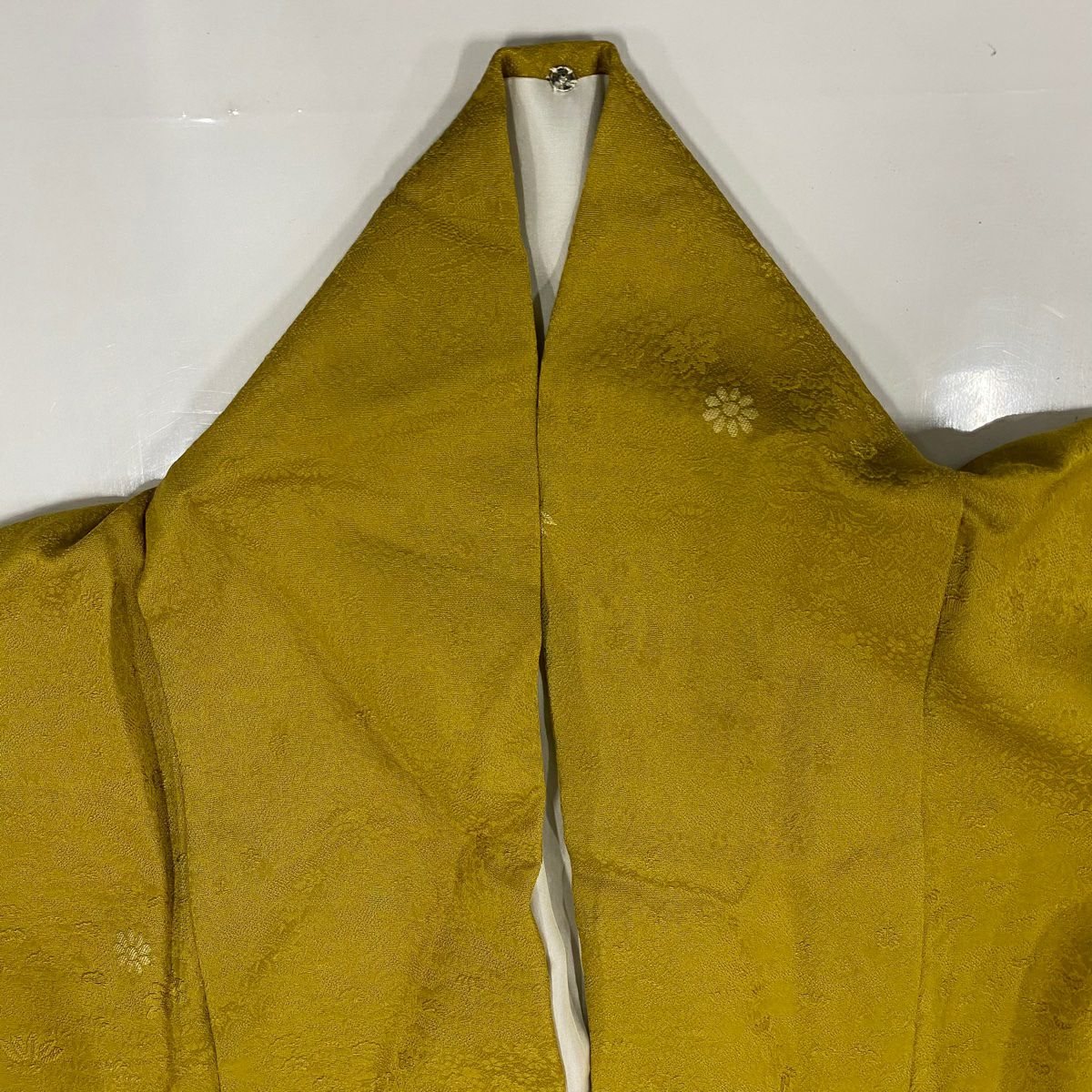 小紋 身長161cm 袖長68cm L 雙層 柿本市郎 落款 花 地紋 山吹茶 純蠶絲 秀品級
