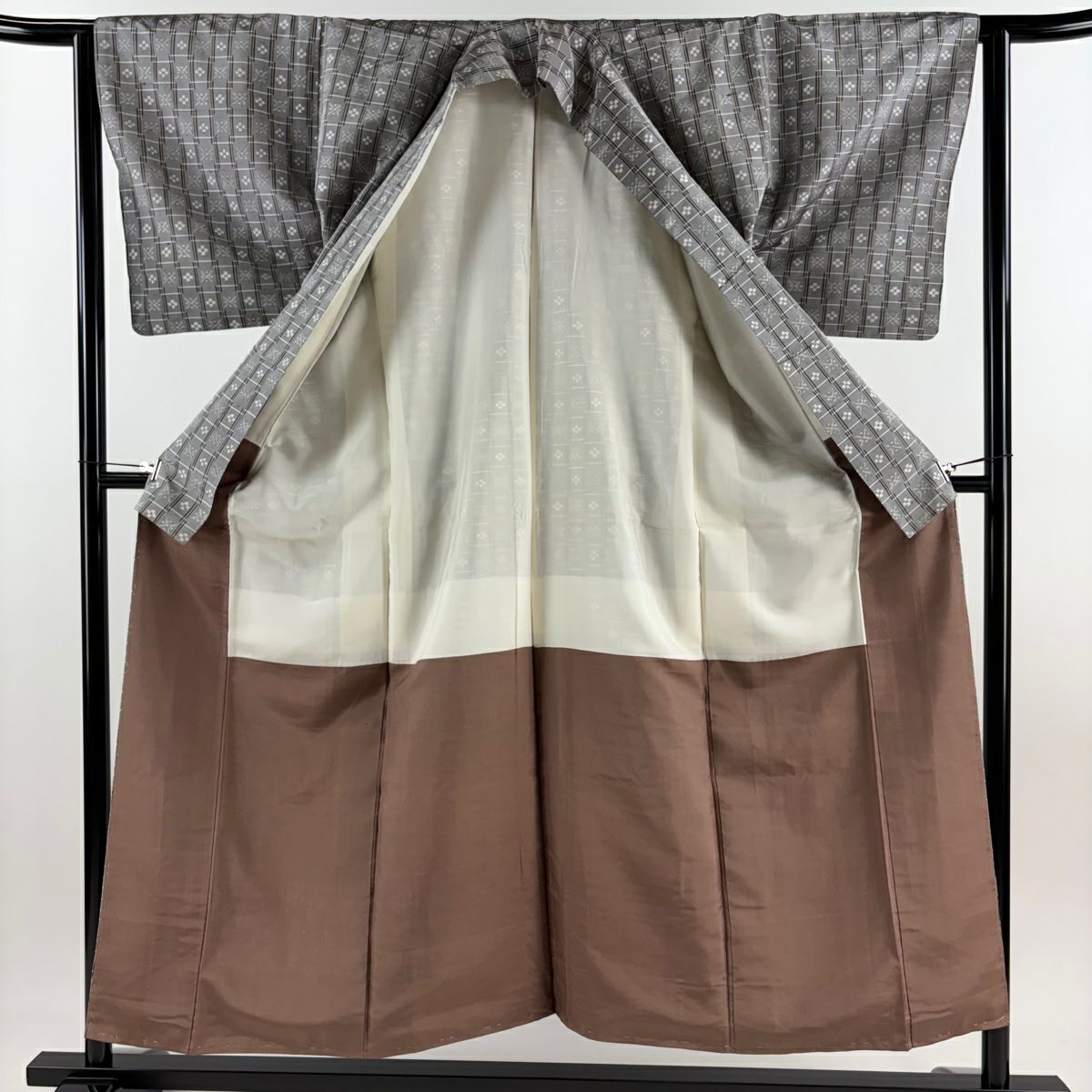 【美品】 紬織織 身長153.5cm 袖長63.5cm S 雙層 花 幾何學 灰 純蠶絲 秀品級