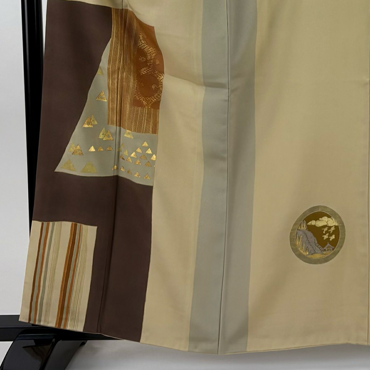 付下 身長160.5cm 袖長65.5cm M 雙層 鱗 縱條 金銀彩 米色 純蠶絲 優品級
