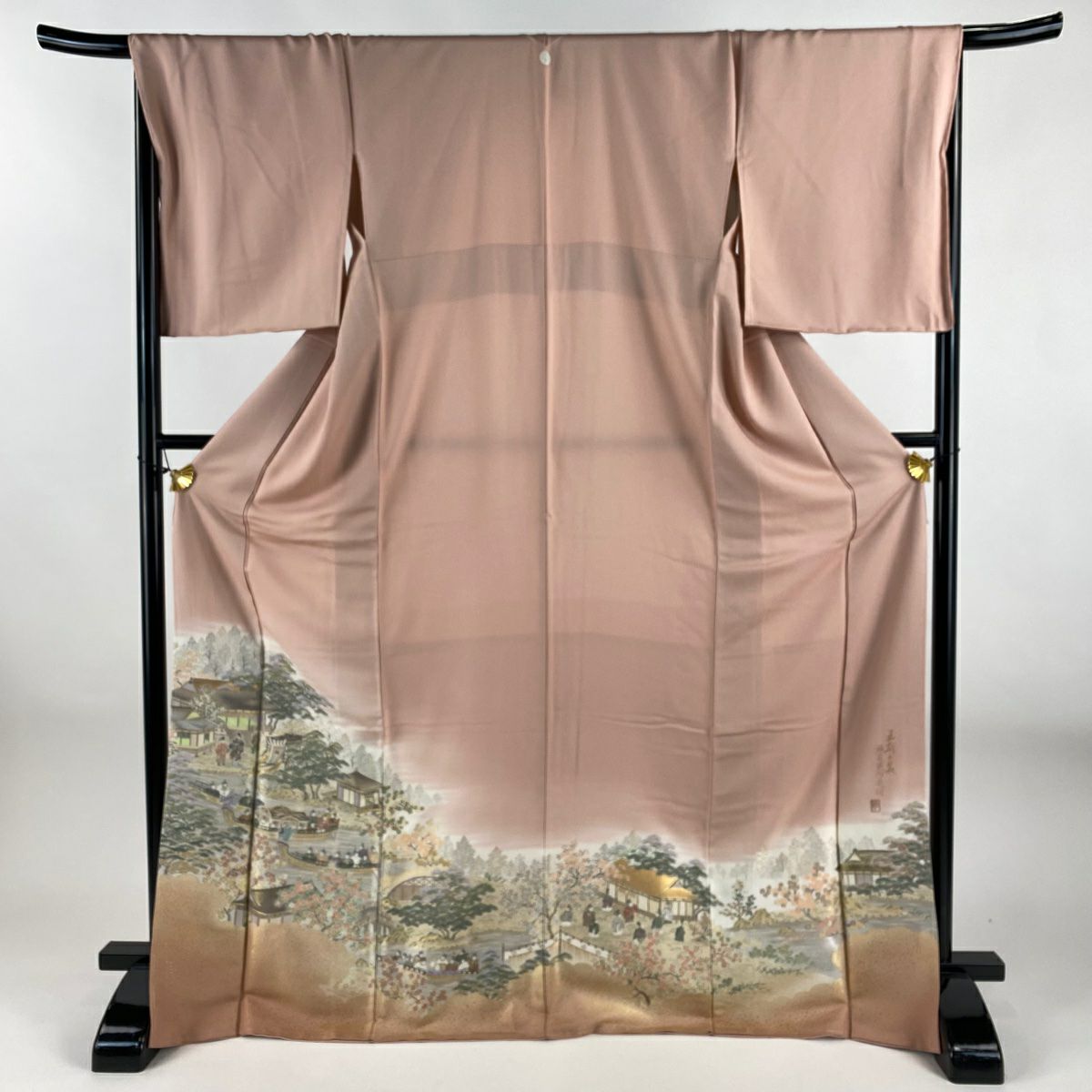 【美品】 色留袖禮服 身長171cm 袖長68cm L 雙層 落款あり 神泉苑御遊圖 舟 金銀彩 金金箔 粉色 純蠶絲 秀品級 一つ紋