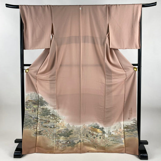 【美品】 色留袖禮服 身長171cm 袖長68cm L 雙層 落款あり 神泉苑御遊圖 舟 金銀彩 金金箔 粉色 純蠶絲 秀品級 一つ紋