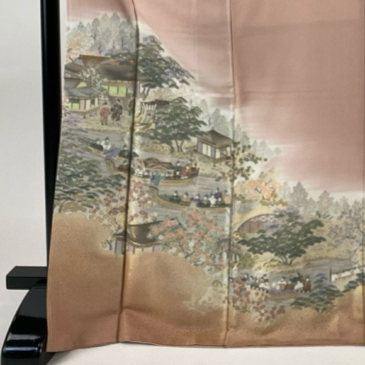 【美品】 色留袖禮服 身長171cm 袖長68cm L 雙層 落款あり 神泉苑御遊圖 舟 金銀彩 金金箔 粉色 純蠶絲 秀品級 一つ紋