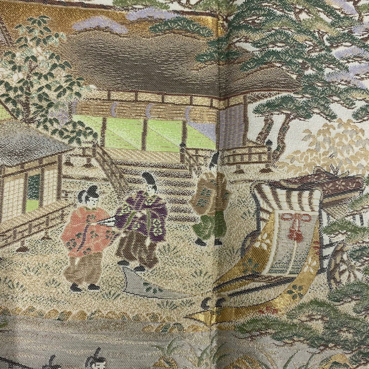 【美品】 色留袖禮服 身長171cm 袖長68cm L 雙層 落款あり 神泉苑御遊圖 舟 金銀彩 金金箔 粉色 純蠶絲 秀品級 一つ紋