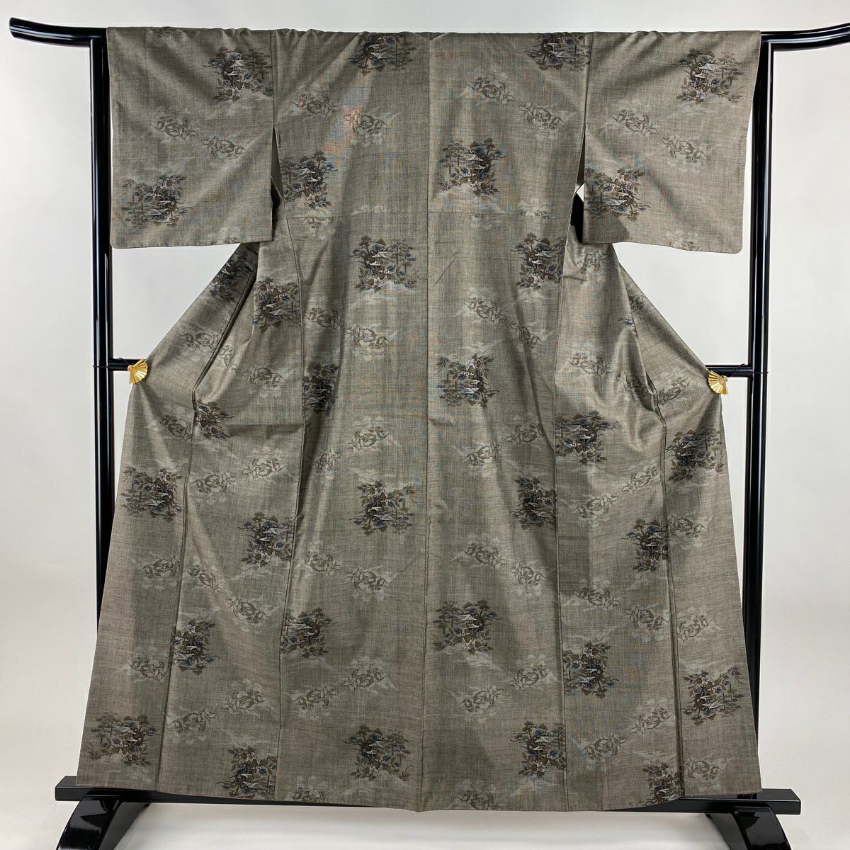 【美品】 紬織織 身長160cm 袖長63.5cm S 雙層 建物 樹木 灰茶 純蠶絲 秀品級