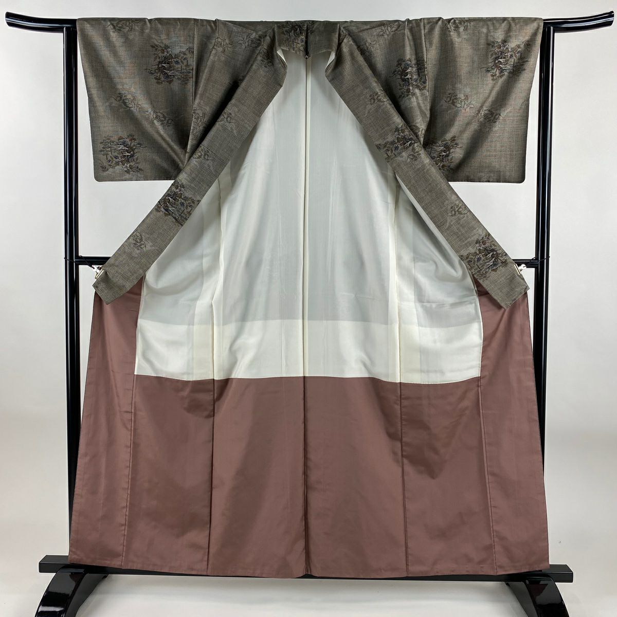 【美品】 紬織織 身長160cm 袖長63.5cm S 雙層 建物 樹木 灰茶 純蠶絲 秀品級