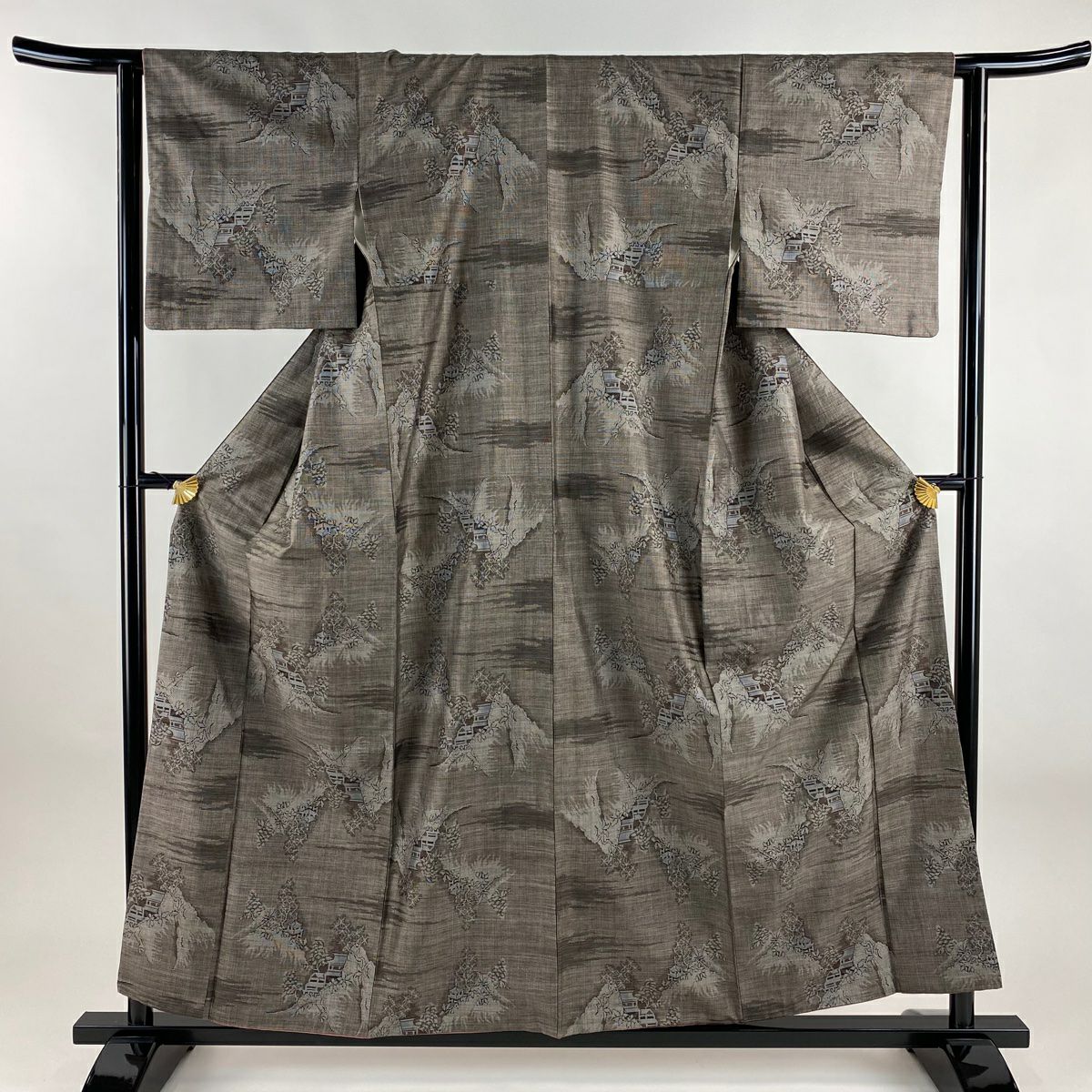 【美品】 紬織 身長158cm 袖長63cm S 雙層 建物 霞 焦茶 純蠶絲 秀品級