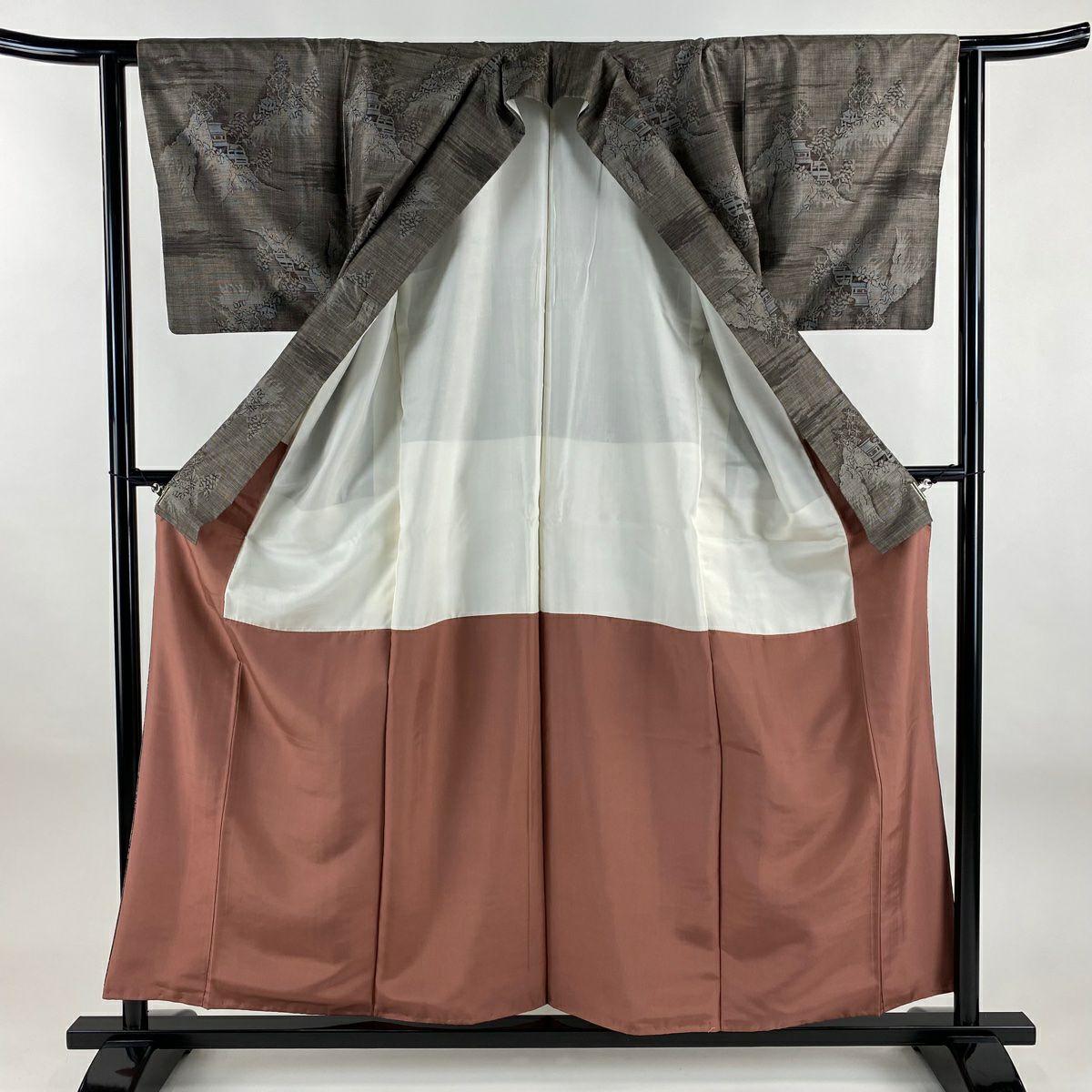 【美品】 紬織 身長158cm 袖長63cm S 雙層 建物 霞 焦茶 純蠶絲 秀品級