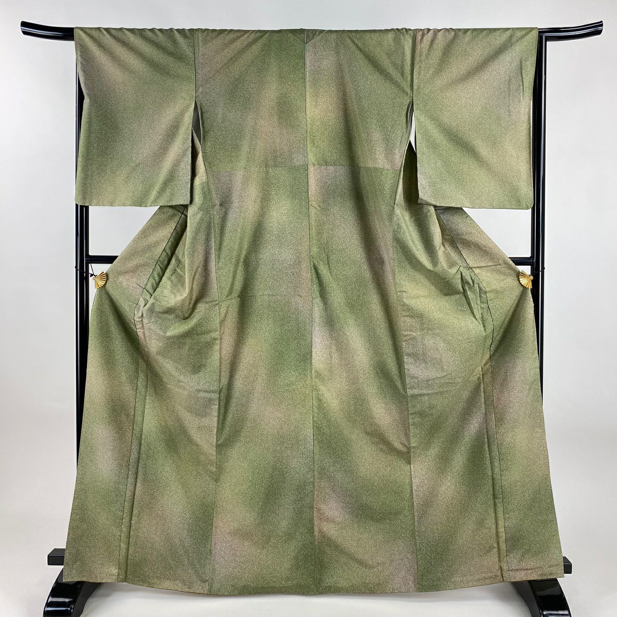 【美品】 小紋 身長166.5cm 袖長66cm M 雙層 紬織織 幾何學圖案 漸層 鶯色 純蠶絲 秀品級 一個紋