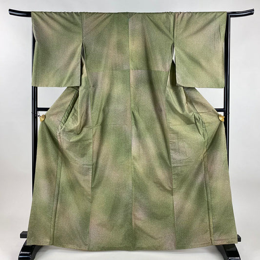 【美品】 小紋 身長166.5cm 袖長66cm M 雙層 紬織織 幾何學圖案 漸層 鶯色 純蠶絲 秀品級 一個紋