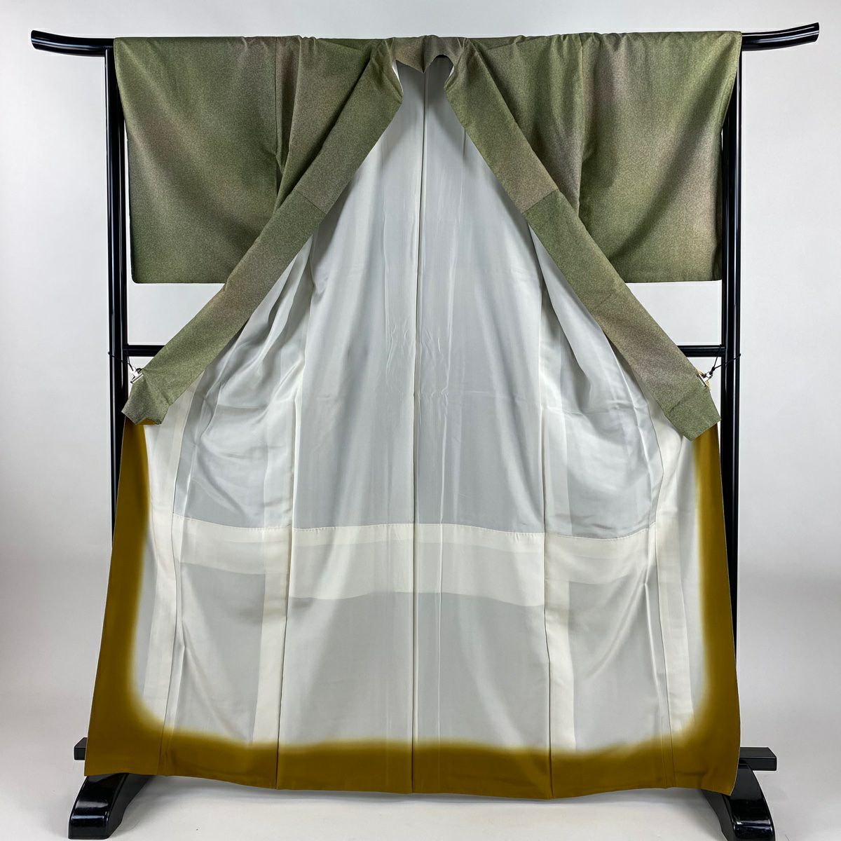 【美品】 小紋 身長166.5cm 袖長66cm M 雙層 紬織織 幾何學圖案 漸層 鶯色 純蠶絲 秀品級 一個紋
