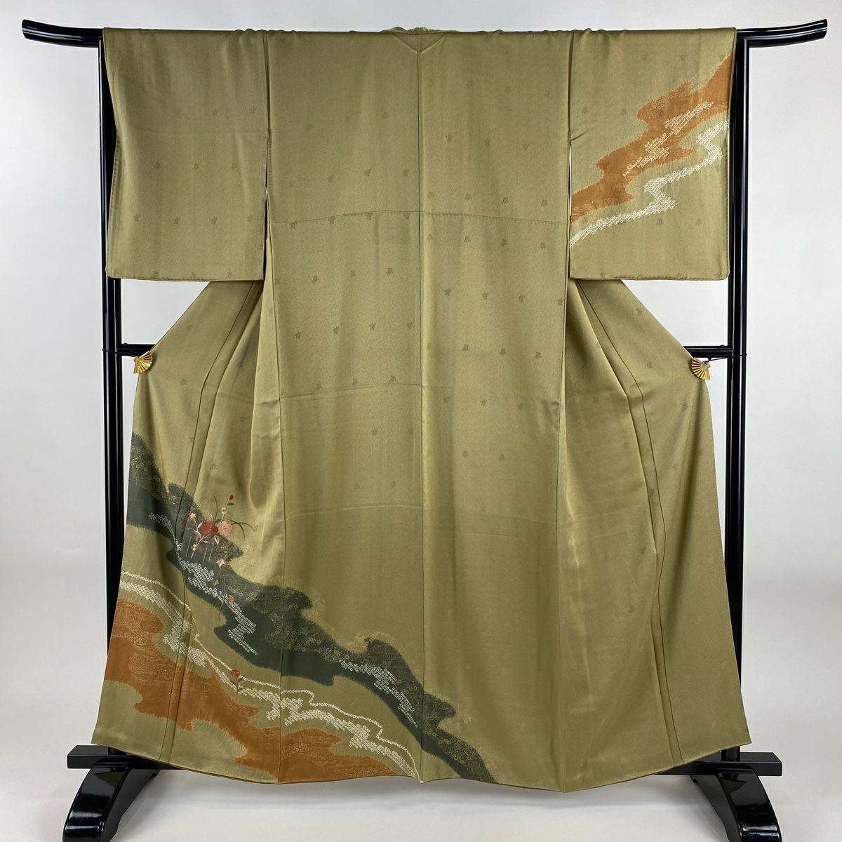 訪問服 身長160cm 袖長65cm M 雙層 草花紋紋 霞刺繡 絞染 淡黃土色 純蠶絲 優品級