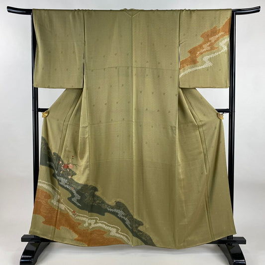 訪問服 身長160cm 袖長65cm M 雙層 草花紋紋 霞刺繡 絞染 淡黃土色 純蠶絲 優品級
