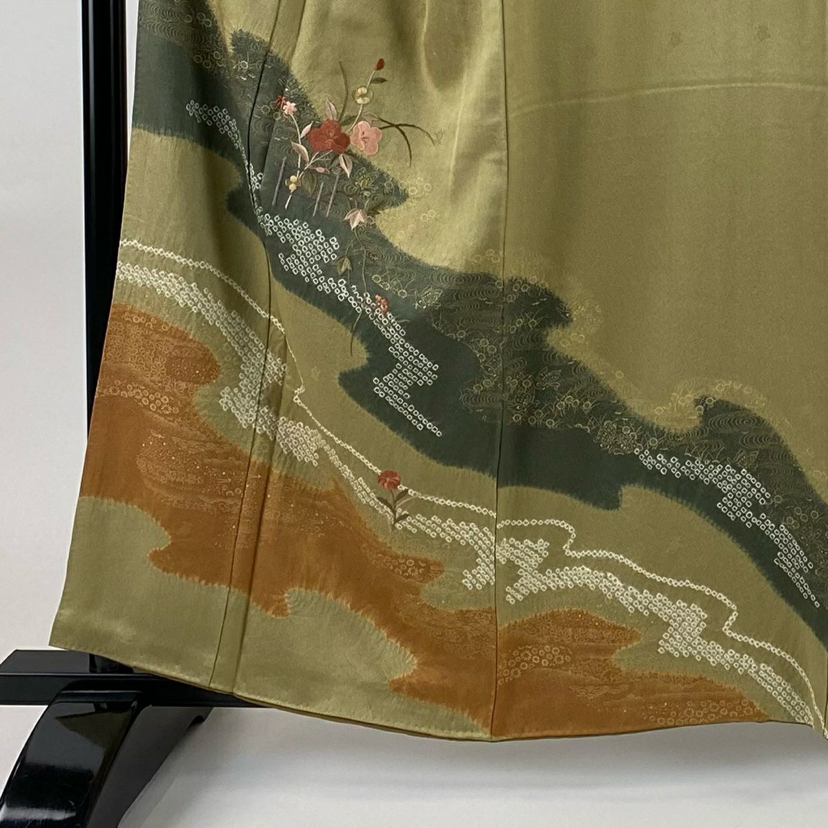 訪問服 身長160cm 袖長65cm M 雙層 草花紋紋 霞刺繡 絞染 淡黃土色 純蠶絲 優品級