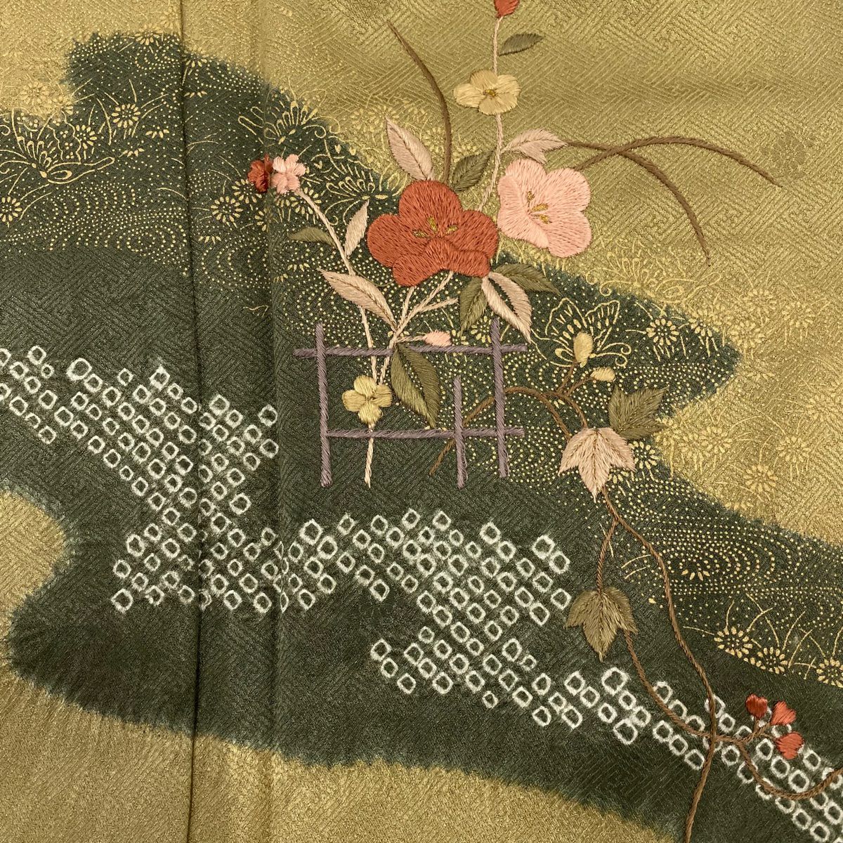 訪問服 身長160cm 袖長65cm M 雙層 草花紋紋 霞刺繡 絞染 淡黃土色 純蠶絲 優品級