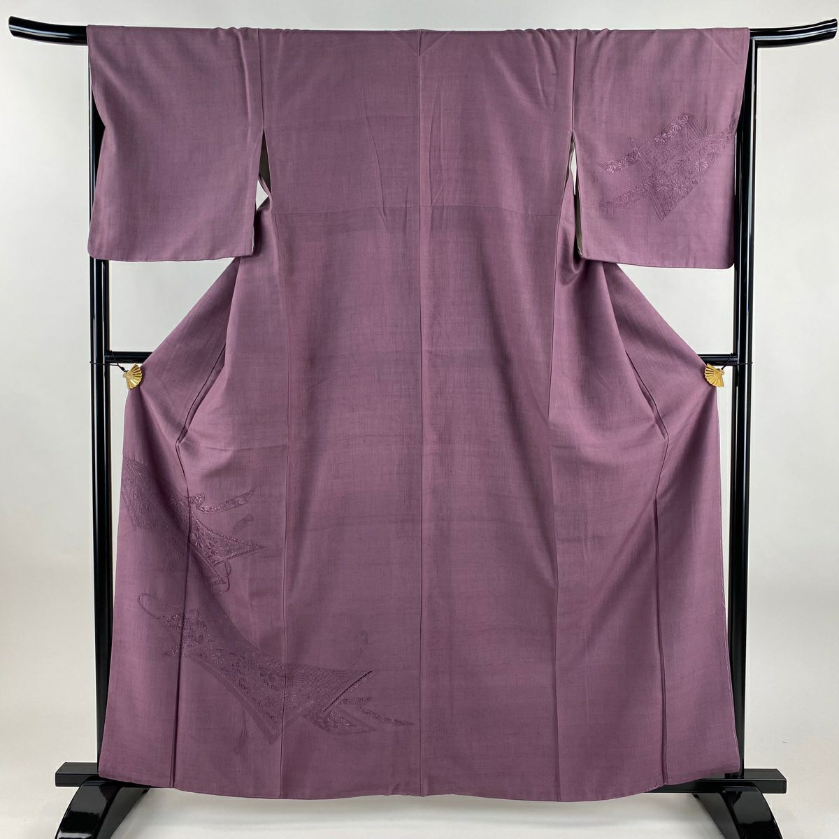 付下 身長161cm 袖長66.5cm M 雙層 紬織織 組紐 菊花花刺繡 紫 純蠶絲 秀品級