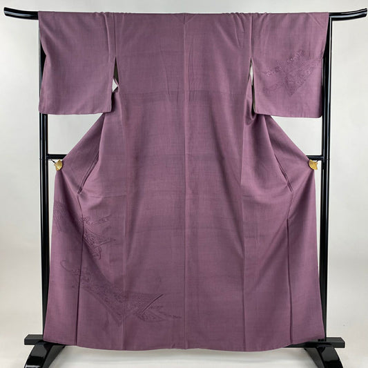 付下 身長161cm 袖長66.5cm M 雙層 紬織織 組紐 菊花花刺繡 紫 純蠶絲 秀品級
