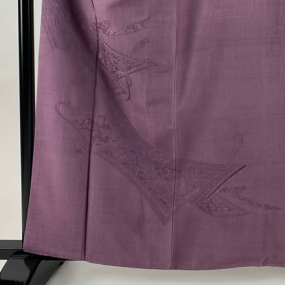 付下 身長161cm 袖長66.5cm M 雙層 紬織織 組紐 菊花花刺繡 紫 純蠶絲 秀品級