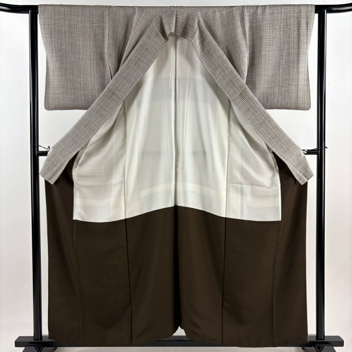 小紋 身長157cm 袖長62cm S 雙層 格子 灰茶 純蠶絲 秀品級