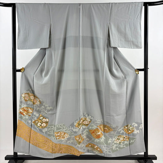 灰色留袖禮服 身長155cm 袖長63cm S 雙層 扇子面 花鳥 金絲 金銀彩 純蠶絲 秀品級 一個紋
