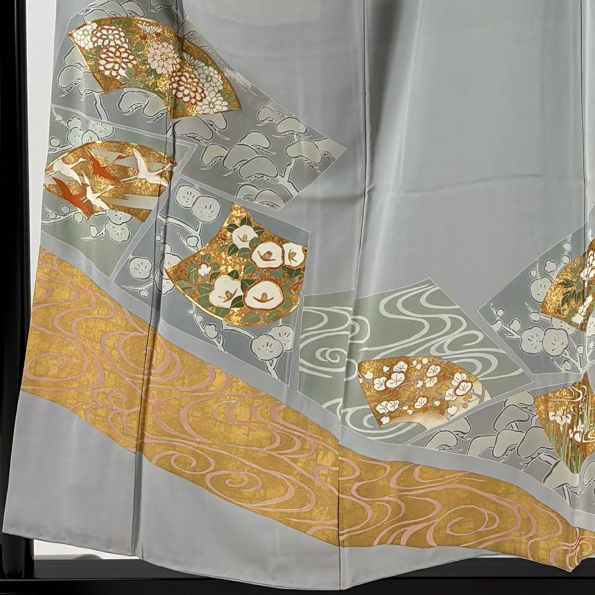 灰色留袖禮服 身長155cm 袖長63cm S 雙層 扇子面 花鳥 金絲 金銀彩 純蠶絲 秀品級 一個紋