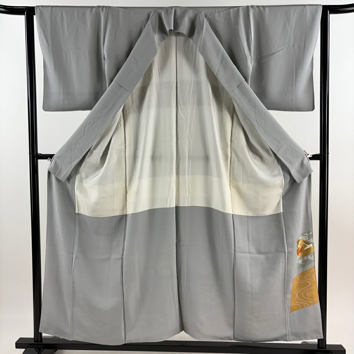 灰色留袖禮服 身長155cm 袖長63cm S 雙層 扇子面 花鳥 金絲 金銀彩 純蠶絲 秀品級 一個紋