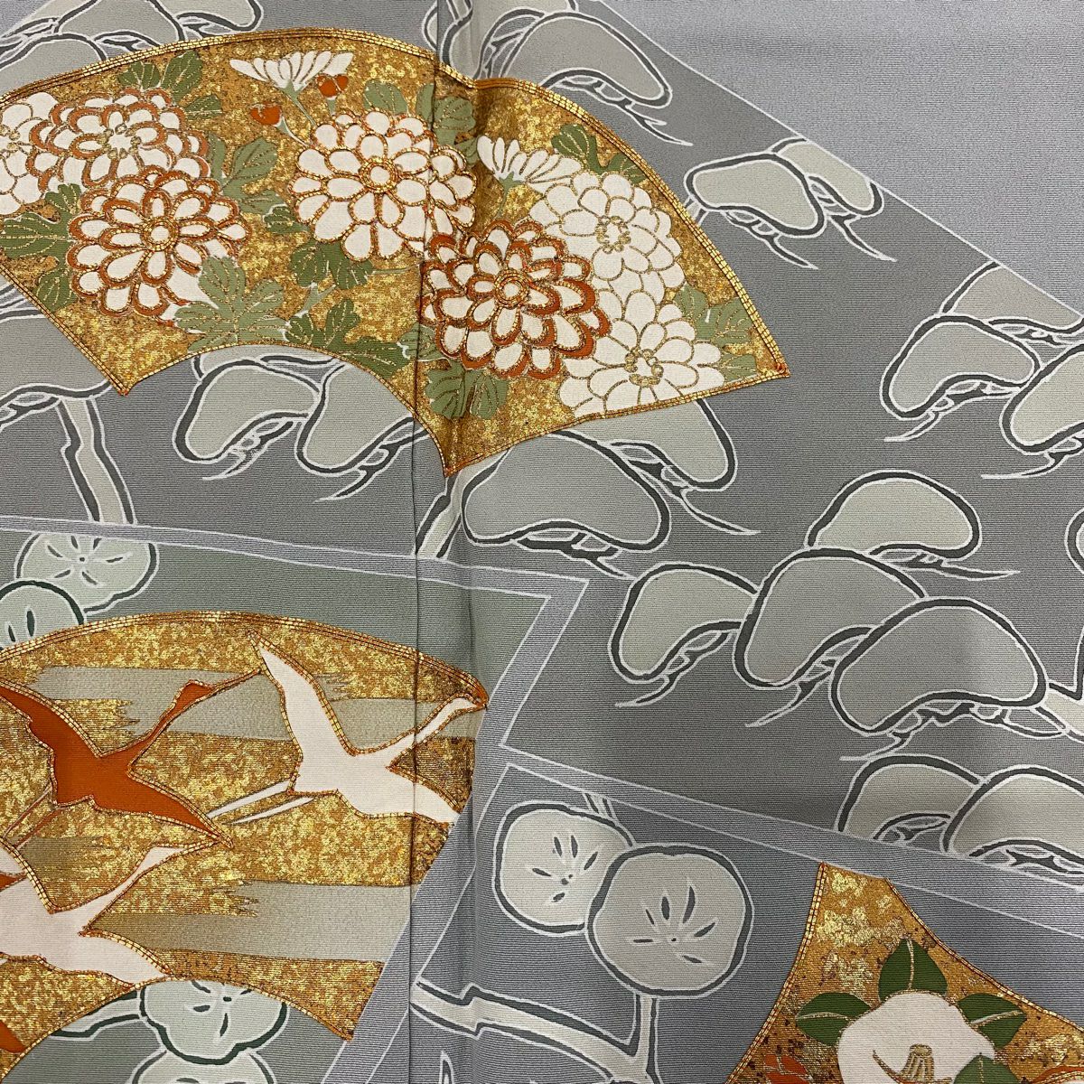 灰色留袖禮服 身長155cm 袖長63cm S 雙層 扇子面 花鳥 金絲 金銀彩 純蠶絲 秀品級 一個紋