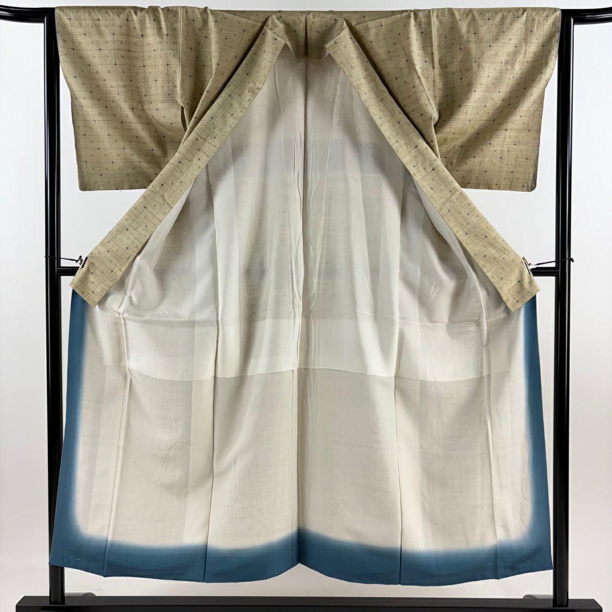 【美品】 紬織 身長152.5cm 袖長63.5cm S 雙層 格子 幾何學 米色 純蠶絲 優品級