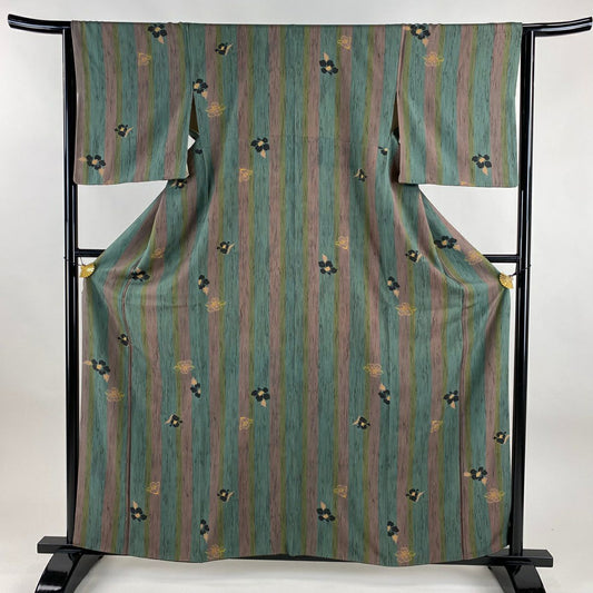 小紋 身長160.5cm 袖長63.5cm S 雙層 椿 縱條 青綠 純蠶絲 秀品級