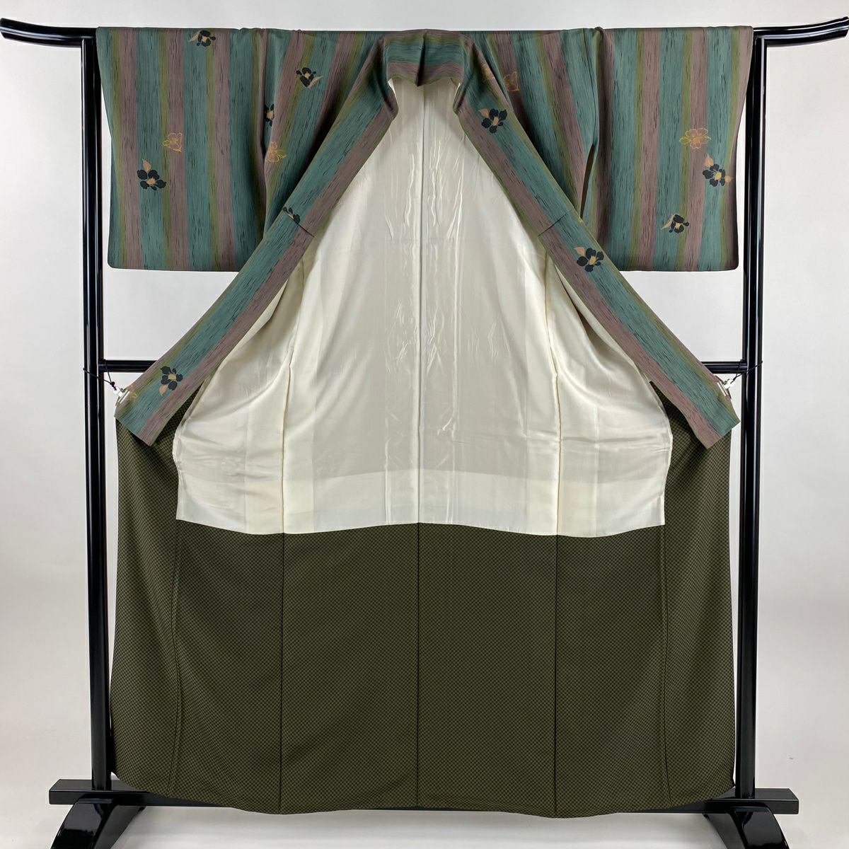 小紋 身長160.5cm 袖長63.5cm S 雙層 椿 縱條 青綠 純蠶絲 秀品級