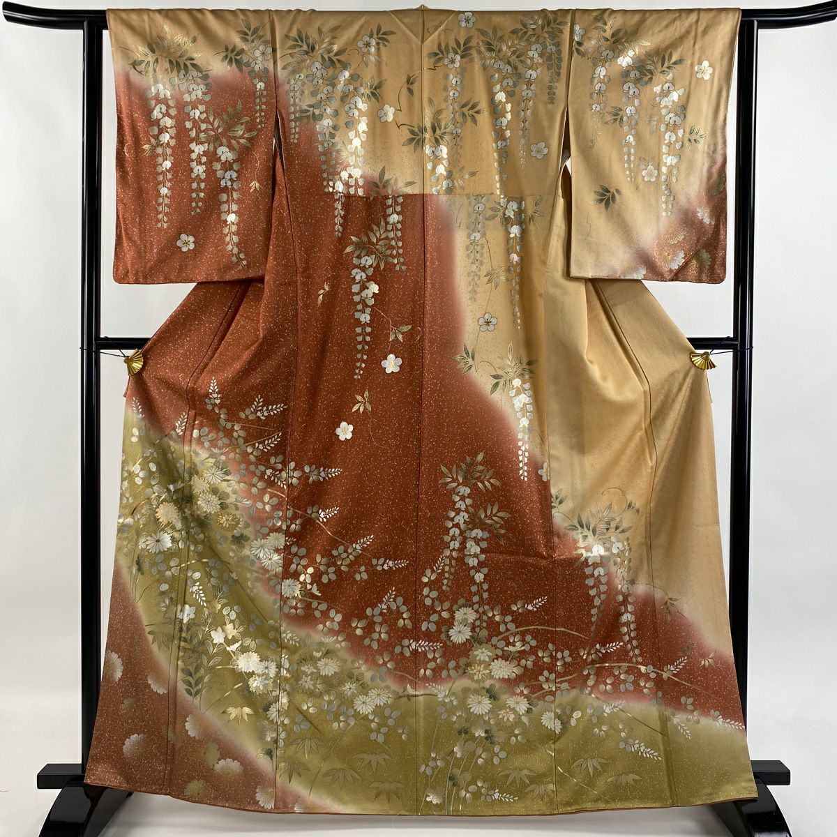 【美品】訪問服 身長164cm 袖長62.5cm S 雙層 秋草 金絲 金銀彩 紅茶 純蠶絲 秀品級