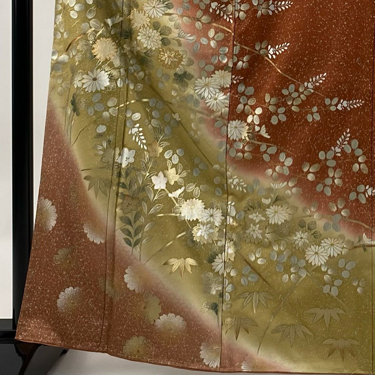 【美品】訪問服 身長164cm 袖長62.5cm S 雙層 秋草 金絲 金銀彩 紅茶 純蠶絲 秀品級