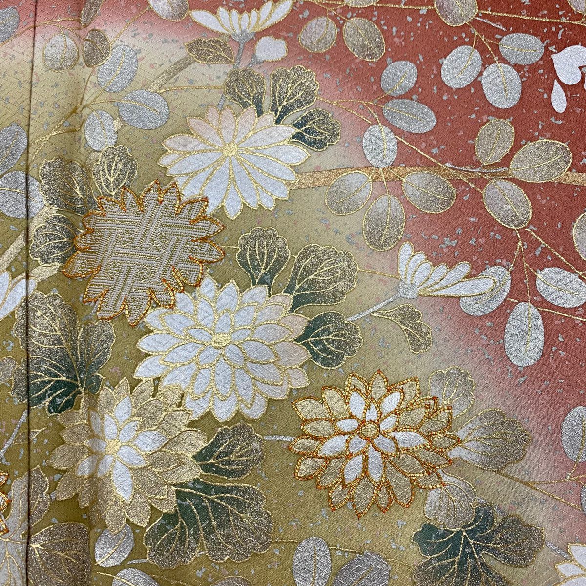 【美品】訪問服 身長164cm 袖長62.5cm S 雙層 秋草 金絲 金銀彩 紅茶 純蠶絲 秀品級