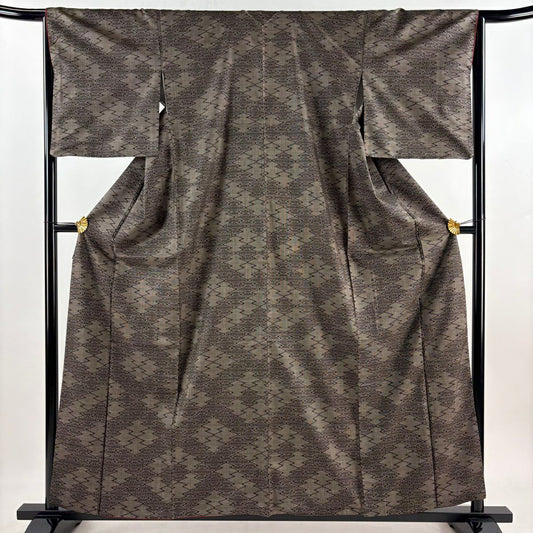 【美品】 紬織織 身長159.5cm 袖長65cm M 雙層 松樹皮菱 焦茶 純蠶絲 秀品級