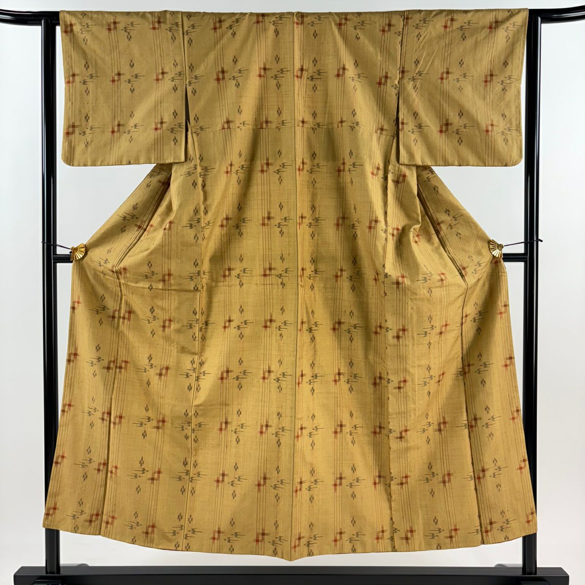 【美品】 紬織 身長151.5cm 袖長62cm S 雙層 燕 井桁絣 黃土 純蠶絲 秀品級