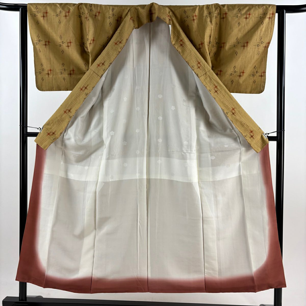 【美品】 紬織 身長151.5cm 袖長62cm S 雙層 燕 井桁絣 黃土 純蠶絲 秀品級