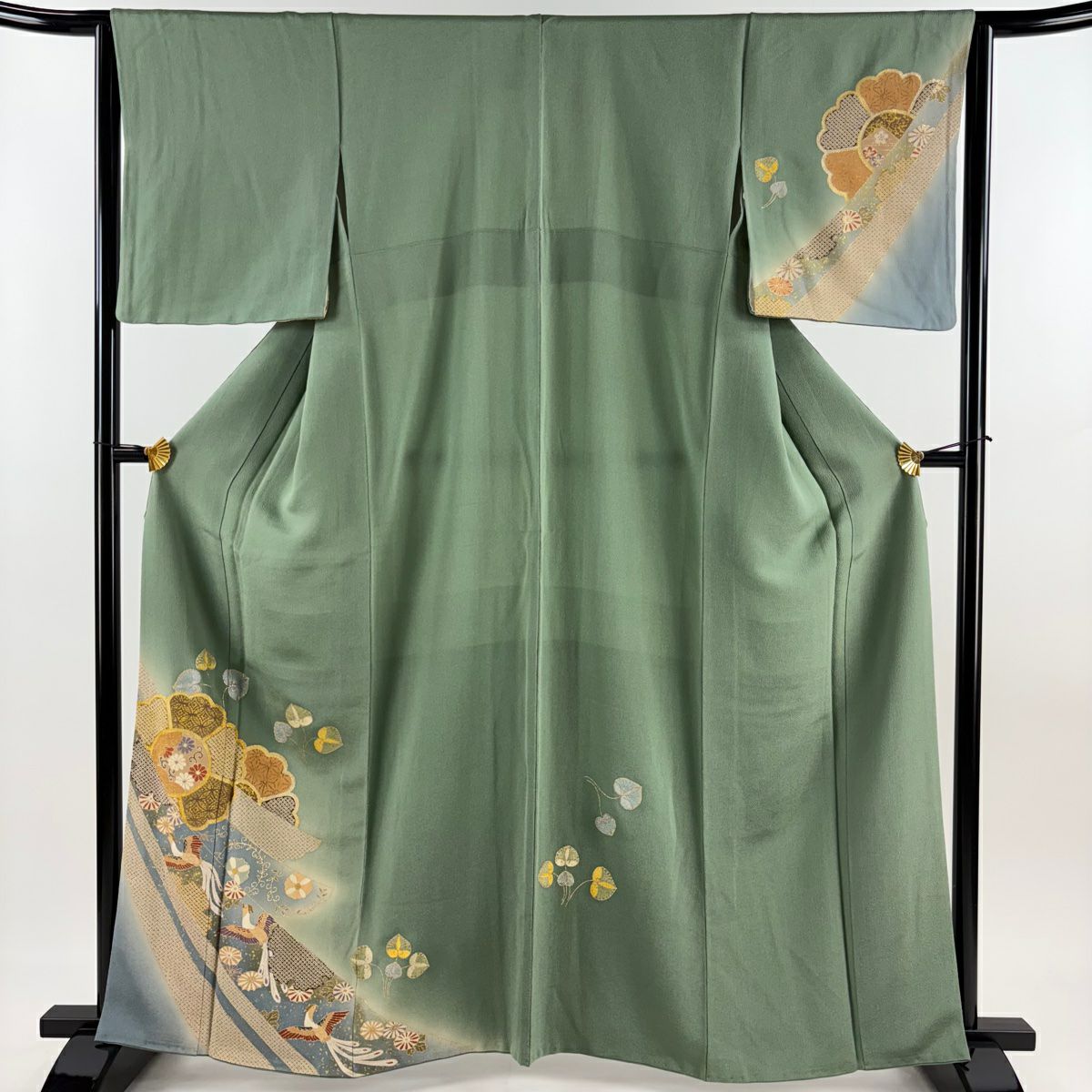付下 身長162.5cm 袖長63.5cm S 雙層 尾長鳥 華紋 金銀彩 漸層 薄綠 純蠶絲 優品級