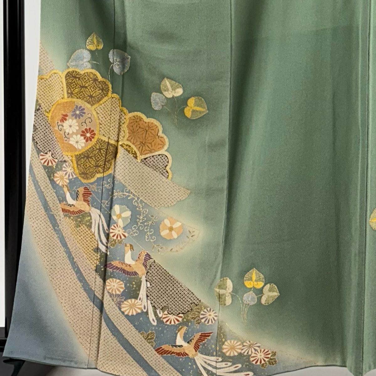 付下 身長162.5cm 袖長63.5cm S 雙層 尾長鳥 華紋 金銀彩 漸層 薄綠 純蠶絲 優品級