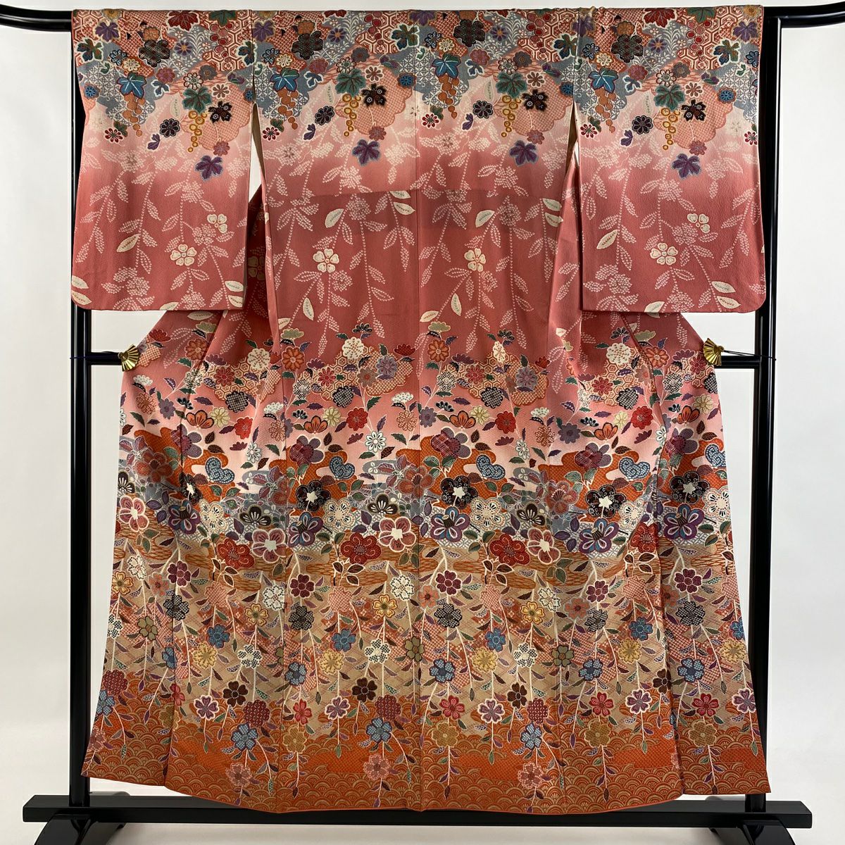 訪問服 身長155.5cm 袖長65cm M 雙層 草花紋紋 霞 金彩裝飾 漸層 粉紅 純蠶絲 優品級