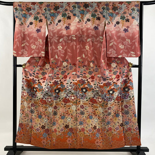 訪問服 身長155.5cm 袖長65cm M 雙層 草花紋紋 霞 金彩裝飾 漸層 粉紅 純蠶絲 優品級