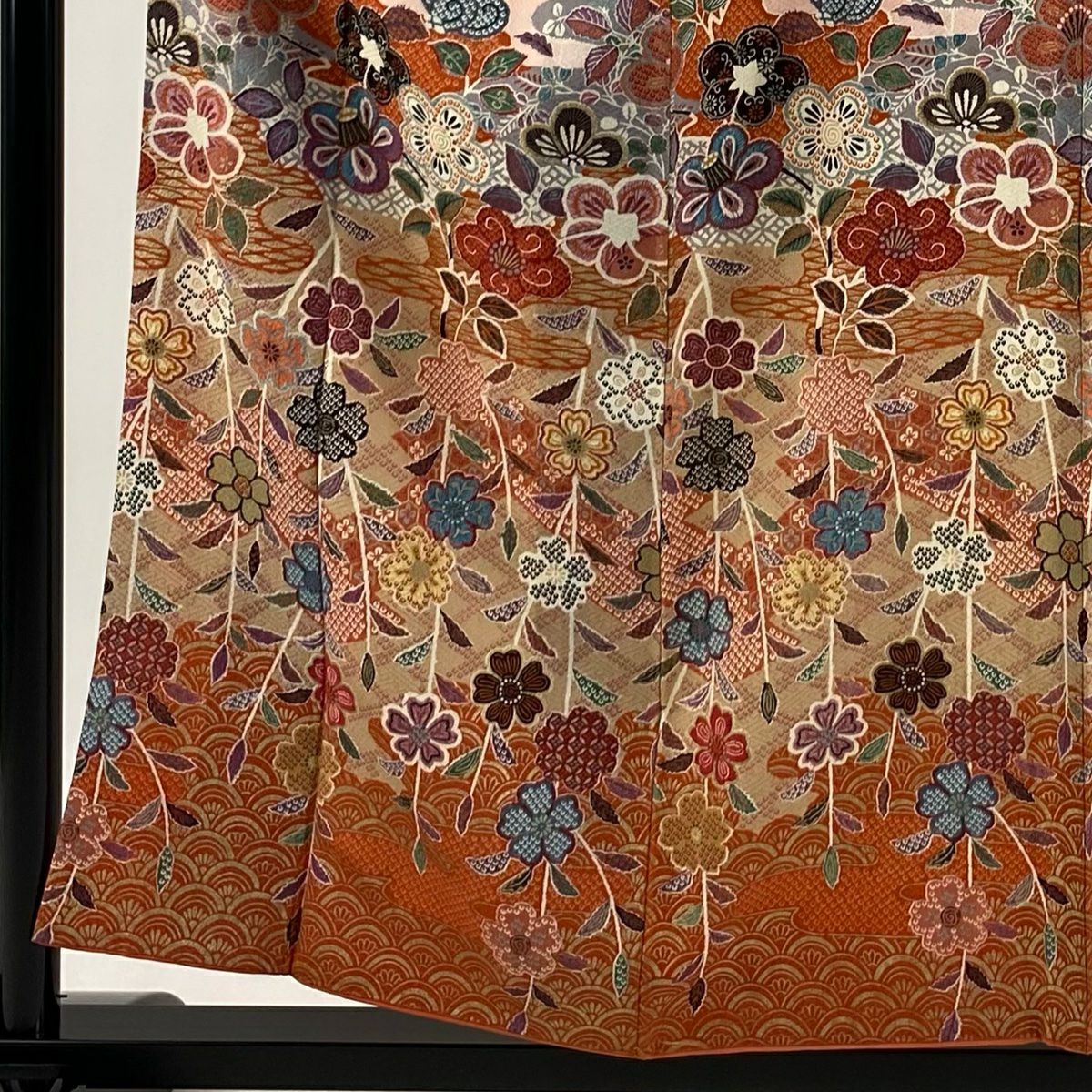 訪問服 身長155.5cm 袖長65cm M 雙層 草花紋紋 霞 金彩裝飾 漸層 粉紅 純蠶絲 優品級