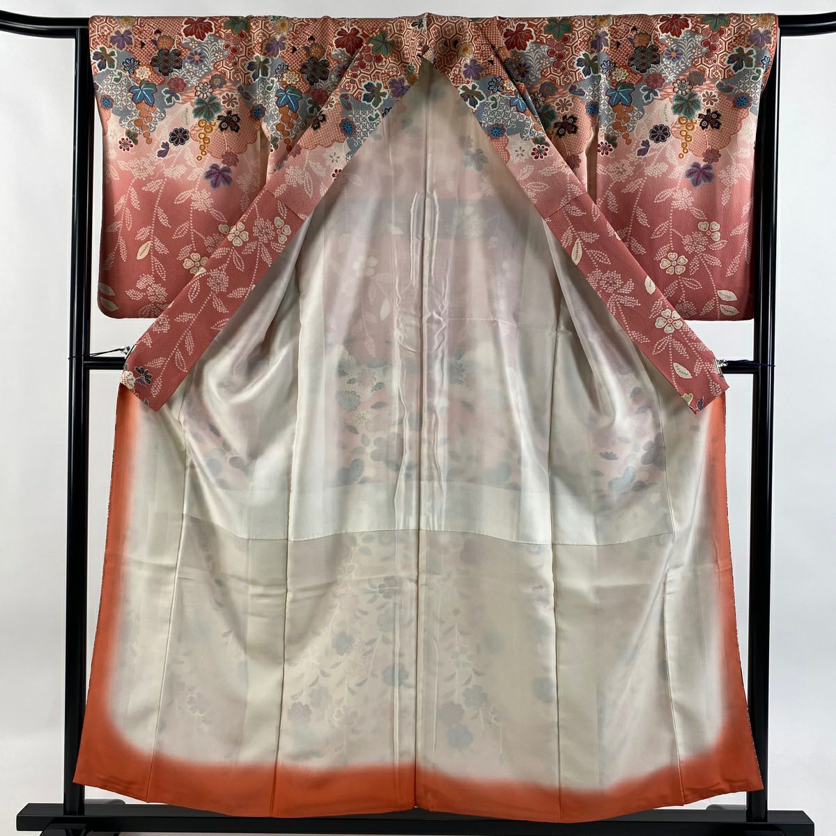 訪問服 身長155.5cm 袖長65cm M 雙層 草花紋紋 霞 金彩裝飾 漸層 粉紅 純蠶絲 優品級