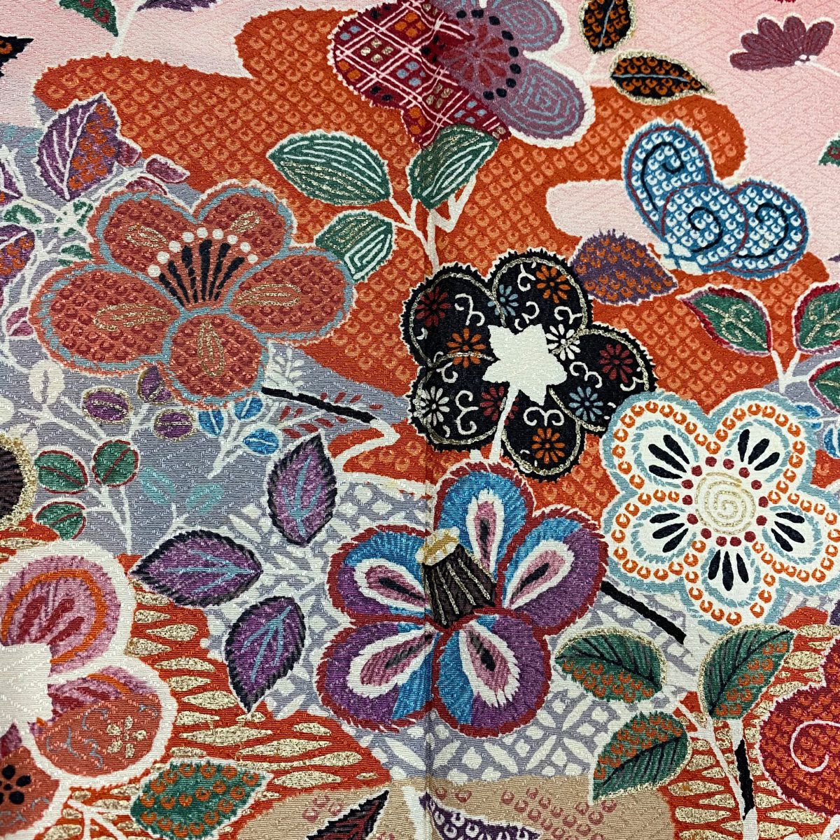 訪問服 身長155.5cm 袖長65cm M 雙層 草花紋紋 霞 金彩裝飾 漸層 粉紅 純蠶絲 優品級