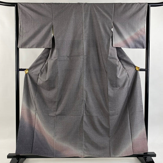 【美品】 付下 身長160.5cm 袖長63.5cm S 雙層 紬織織 幾何學 漸層 灰紫 純蠶絲 優品級