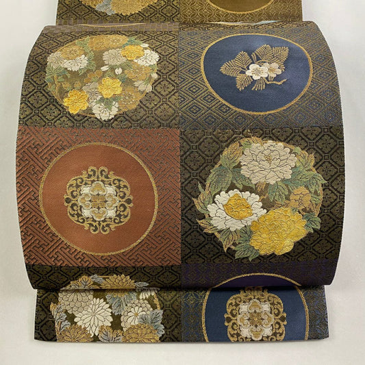 【美品】 袋帶 名品級 じゅらく 落款あり 花丸紋 華紋 金絲 金金箔 金色 大鼓圖案 純蠶絲
