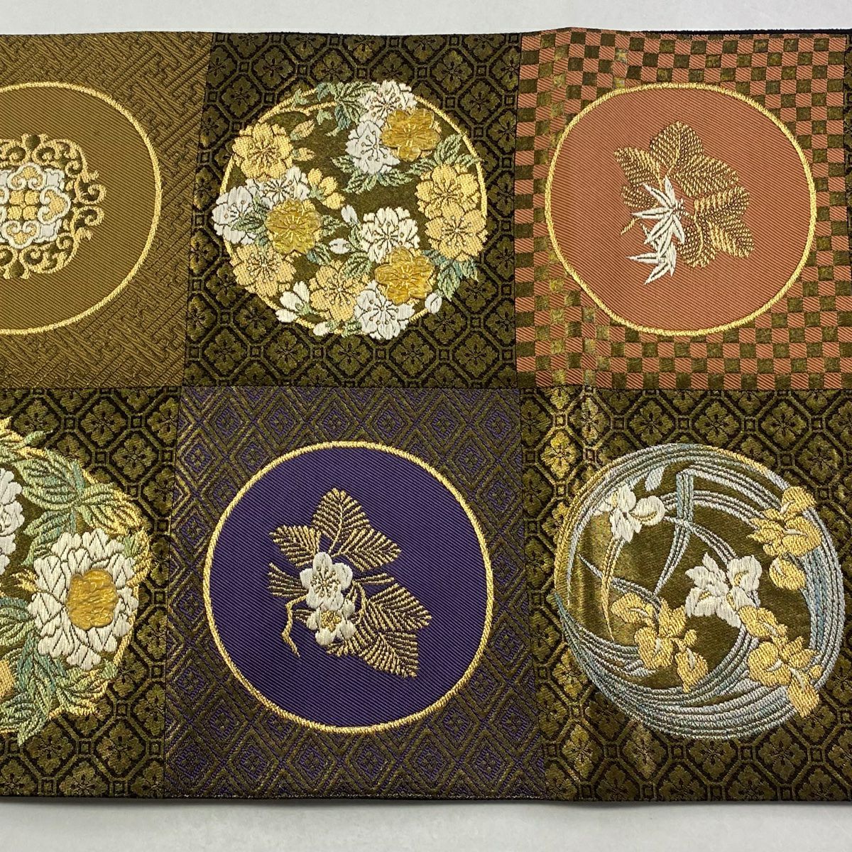 【美品】 袋帶 名品級 じゅらく 落款あり 花丸紋 華紋 金絲 金金箔 金色 大鼓圖案 純蠶絲